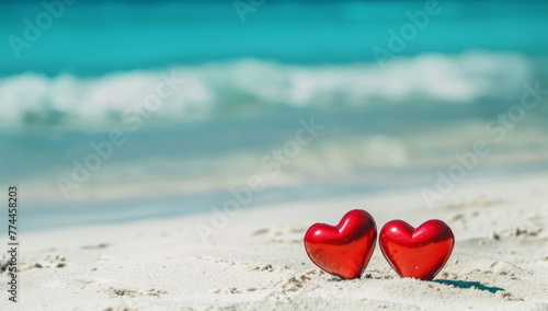 Seaside Romance: Red Hearts on Valentine's Day Beach