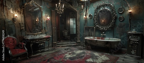 Victorian Dressing Room in a Haunted Mansion with Antique Mirrors and Ghostly Apparitions photo