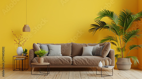 a cozy living room with modern furnishings against a vibrant yellow wall. © DigitaArt.Creative
