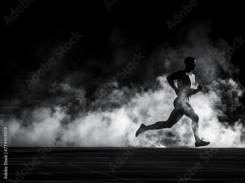 Black And White Runner In Smoke, A Silhouette of Speed and Determination