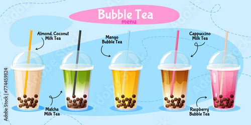 Set of cold tea and coffee with bubbles in takeaway plastic cup with lid and straw.

