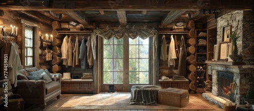 Rustic Mountain Lodge Dressing Room Log Walls and Cozy Fireplace Seating photo