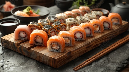 Sushi set. Sushi roll with salmon, tuna, eel and caviar. Japanese food.