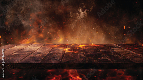Wooden table with fire burning. wooden table with Fire burning at the edge of the table, fire particles, sparks, and smoke in the air, with fire flames on a dark background to display products
