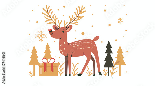 Illustration of reindeer and gift box on a white ba