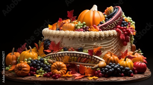 Thanksgiving-themed cake decorated with fondant cornucopias overflowing with colorful candies and sugar fall foliage.