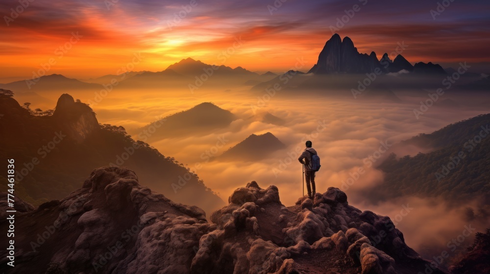 Man standing on a ledge of a mountain, enjoying the beautiful sunset - obrazy, fototapety, plakaty 