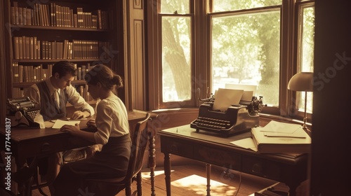 Two women seated at a table with a typewriter, sharing a conversation in a building with a window overlooking the street. AIG41 photo