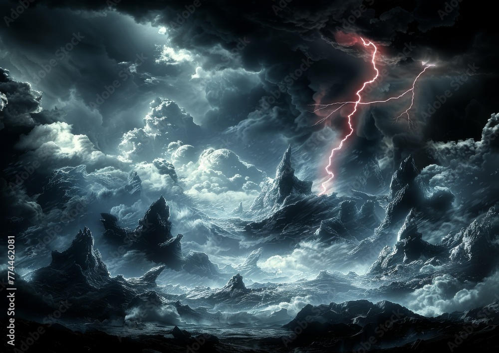 Dramatic Thunderstorm with Intense Lightning Strikes Over Ominous Dark Ocean Waves Under Stormy Sky
