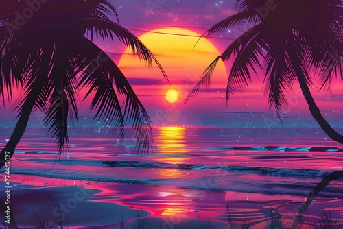 summer beach poster retrowave or synthwave neon colors  retro style