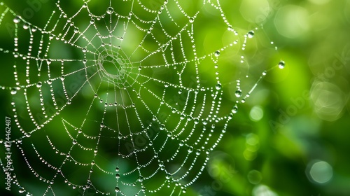 dew drop texture on spider mesh on green background 