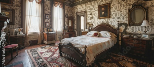 Victorian Elegance Intricate Wallpaper and Antique Furnishings in a Historic Mansion Bedroom photo