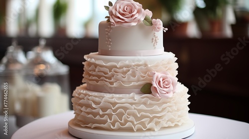 Two-tiered cake with cascading fondant ruffles and a single elegant sugar rose.