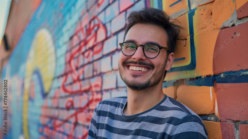 Friendly young man looking at the camera. Brick wall with graffiti behind. Friendly young man looking at the camera. Brick wall with graffiti behind.