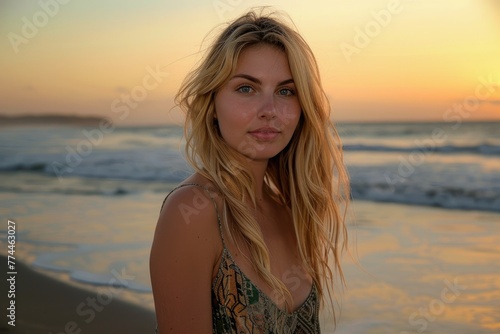 Beautiful 25 year old blonde woman at the beach, around sunset.