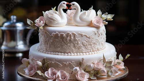 Wedding anniversary cake with two swans or love birds on top.