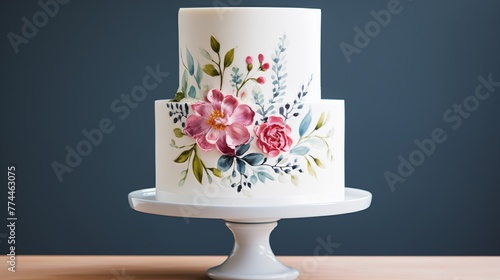 White cake with a hand-painted watercolor floral design.
