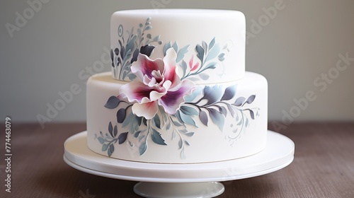 White cake with a hand-painted watercolor floral design and a delicate "80" piped in silver.
