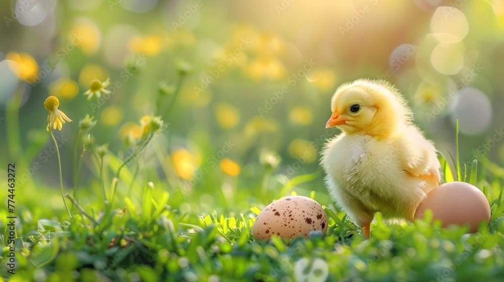 cute little tiny newborn yellow baby chick and three chicken farmer eggs in the green grass on nature outdoor. banner
