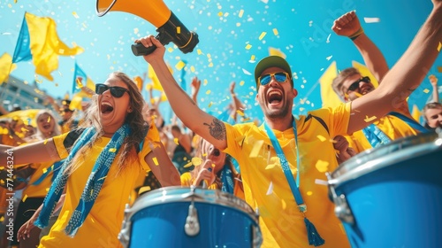 A cheerful group of people wearing yellow shirts, with happy facial expressions, celebrating and having fun in a summer crowd with smiles, gestures, idiophones, and drums. AIG41 photo