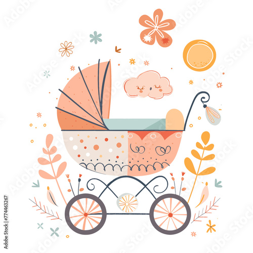 Vintage Baby Carriage with Floral Vector