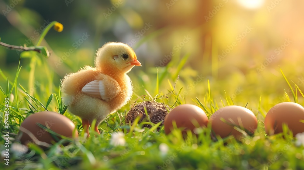 cute little tiny newborn yellow baby chick and three chicken farmer eggs in the green grass on nature outdoor. banner