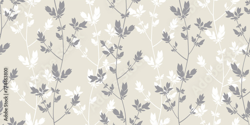 Spring branches seamless vector pattern. Small leaves prune, delicate nude girly floral ornament