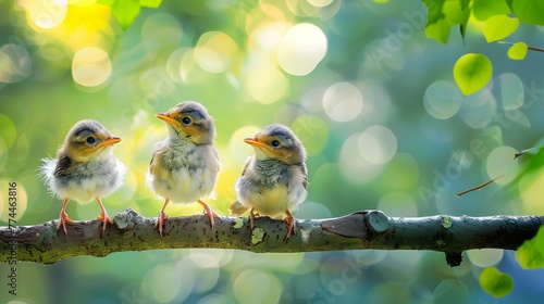 three cute little baby birds sitting on a tree branch outside in the nature. blur background with wildlife.
