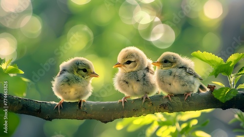 three cute little baby birds sitting on a tree branch outside in the nature. blur background with wildlife.
