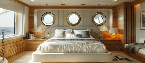 Chic and Cozy Bedroom in Luxury Yacht with Teak Wood Accents and Porthole Windows photo