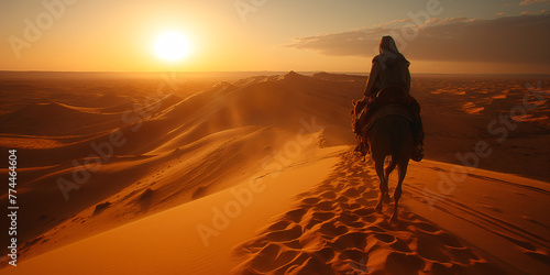 A traveler rides through the desert on a horse at sunset © Irène