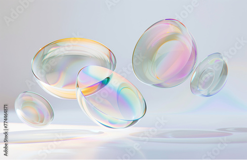 A set of floating transparent plastic lenses with iridescent colors on a white background, rendered in the style of Cinema4D, minimalist still life photography, ethereal glow, high speed sync, hologra