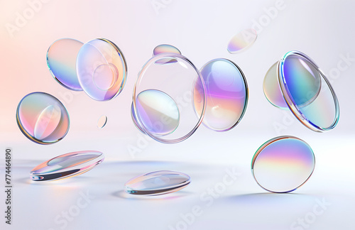 A set of floating transparent plastic lenses with iridescent colors on a white background, rendered in the style of Cinema4D, minimalist still life photography, ethereal glow, high speed sync, hologra