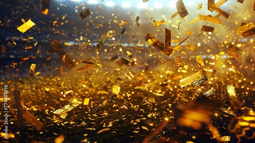 Gold confetti on a soccer stadium. 3d rendering toned image.