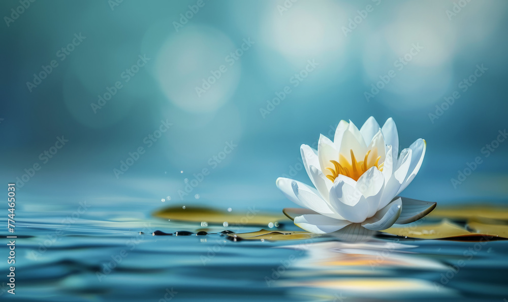 White lotus on water, blue zen scene, peaceful mindfulness concept