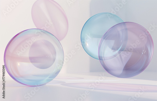 A set of floating transparent plastic lenses with iridescent colors on a white background, rendered in the style of Cinema4D, minimalist still life photography, ethereal glow, high speed sync, hologra