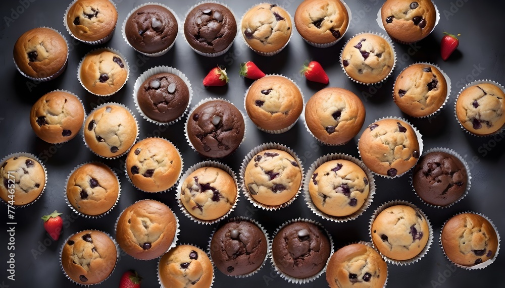 Obraz premium View ro above of a variety of muffins on a wooden plate, chocolate chips, chocolate, cocoa, vanilla, nuts ones
