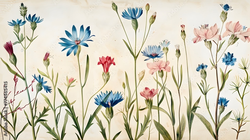 Antique botany illustration of wild flowers: Corn Blue bottle, Centaurea Cyanus - obrazy, fototapety, plakaty 
