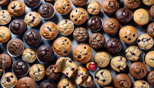 View ro above of a variety of muffins on a wooden plate, chocolate chips, chocolate, cocoa, vanilla, nuts ones photo