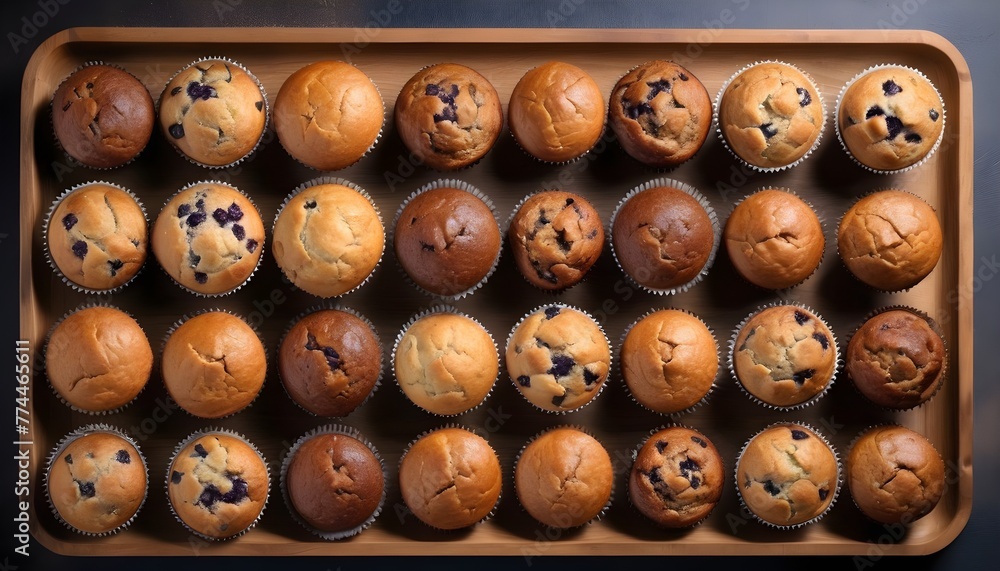 View ro above of a variety of muffins on a wooden plate, chocolate chips, chocolate, cocoa, vanilla, nuts ones View ro above of a variety of muffins on a wooden plate, chocolate chips, chocolate, cocoa, vanilla, nuts ones