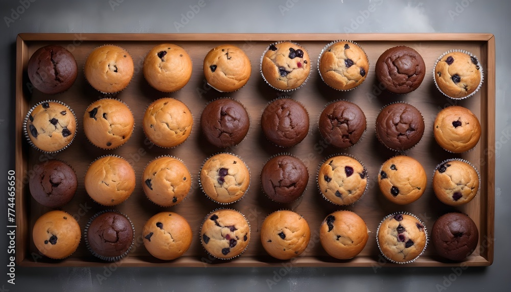 Obraz premium View ro above of a variety of muffins on a wooden plate, chocolate chips, chocolate, cocoa, vanilla, nuts ones