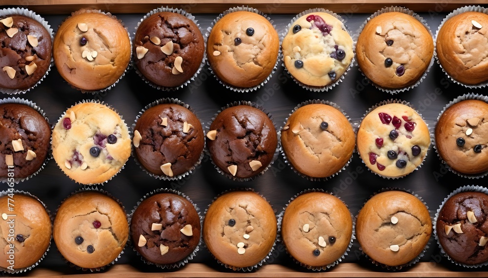 Obraz premium View ro above of a variety of muffins on a wooden plate, chocolate chips, chocolate, cocoa, vanilla, nuts ones