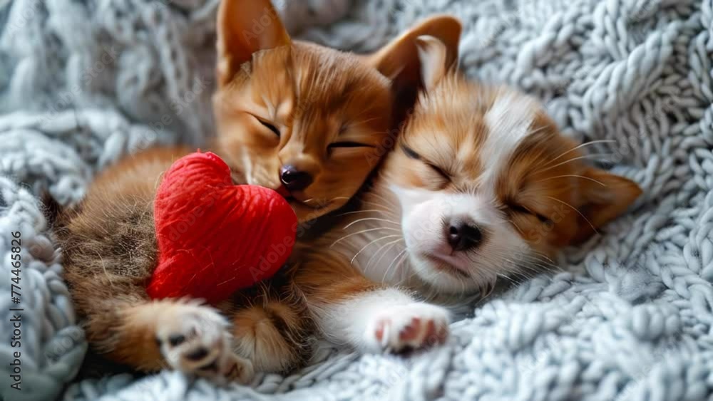 Cute welsh corgi puppies sleeping together with red heart Cute welsh corgi puppies sleeping together with red heart