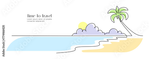 One continuous line drawing of beach with palm tree. Abstract tropical landscape with sea and clouds in simple linear style. Travel vacation in editable stroke. Color doodle vector illustration