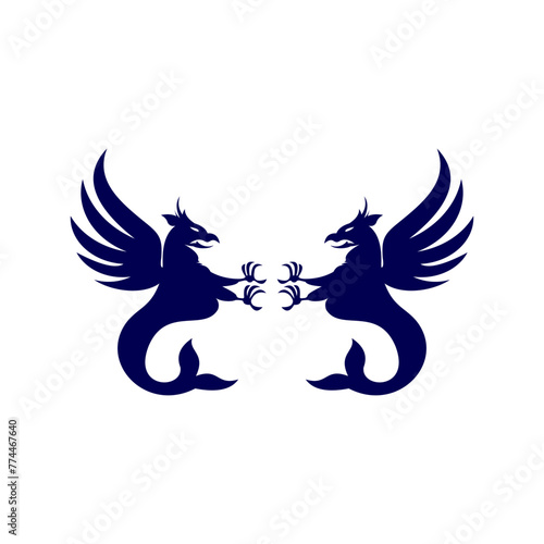 A griffin also known as a gryphon or griffon with lion body, wings and eagle head. Rampant standing on hind legs coat of arms crest mascot
 photo