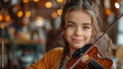 little girl learning to play the violin with an artistic music teacher.generative ai