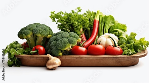 Fresh Vegetables in oval wooden tray and base. There are Broccoli  carrot  baby corn  tomatoes cherry  coriander leaves or cilantro  onion  and garlic.