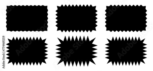 Set of empty black rectangles with zigzag edges. Tags or labels, stickers or badges, stamps rectangular shapes with jagged borders isolated on white background. Vector graphic illustration.