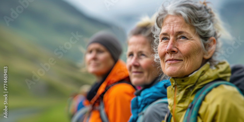 Active Mature senior people hiking in the mountains, banner