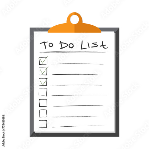 To do list illustration with hand drawn text. Checklist, task list on white background. Isolated vector clipboard. Flat stylisation. Paper, document page with blank checkboxes